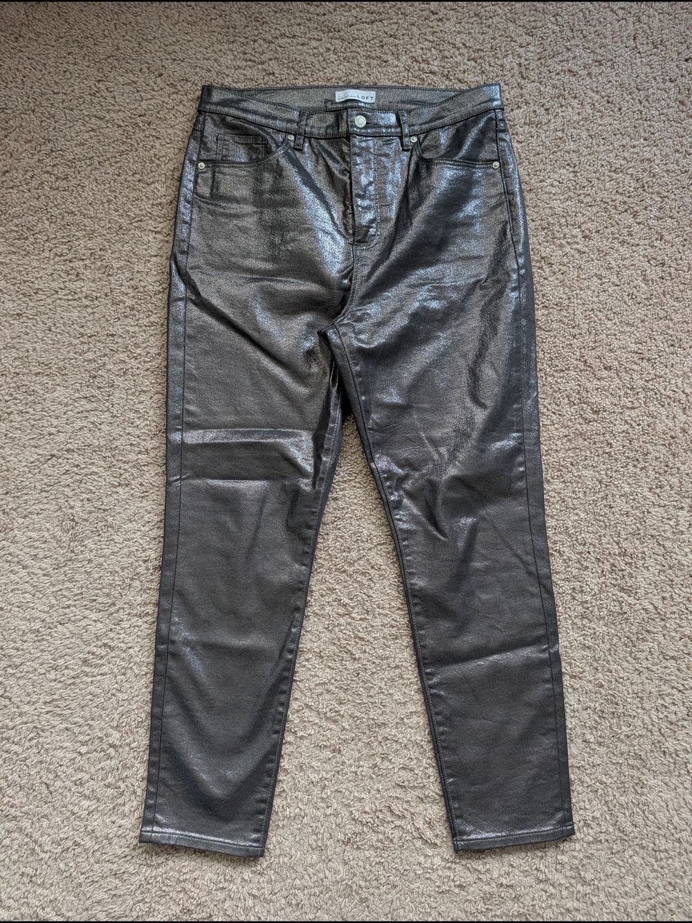 Loft Womens Pewter Metallic Gray Coated High Rise Skinny Jeans Size 31/12 - Picture 4 of 15
